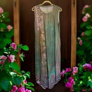 Boho Floral Maxi Dress Sage Green Pockets Asymm Hem Sleeveless Sundress Size XL